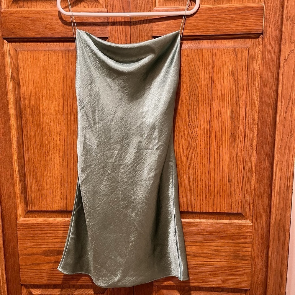 Double Zero Cowl Neck Sage Green Satin Slip Mini Dress - Size Small